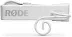 Rode Lavalier GO microphone in white, featuring a compact design and clip for easy attachment to clothing.