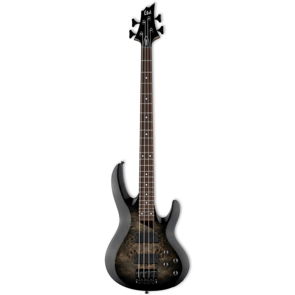 ESP LTD B 204 DX bass guitar in black burst finish, featuring a sleek body, four strings, and modern design.