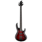 ESP LTD B 204 DX bass guitar in red burst finish, with sleek body and four-string design, suitable for bass players.