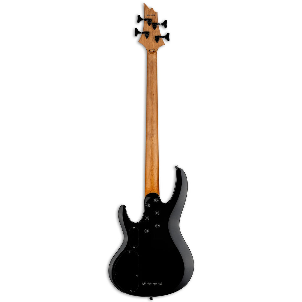 ESP LTD B 204 DX bass guitar in red burst finish, with a sleek body and four strings, showcasing its modern design.