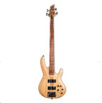ESP LTD B-204 4-string fretless bass guitar with spalted maple top in natural finish, showcasing smooth curves and fretless fingerboard.
