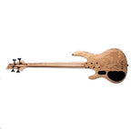 ESP LTD B-204 4-string fretless bass guitar with spalted maple body in natural finish, showcasing the smooth fretless fingerboard.