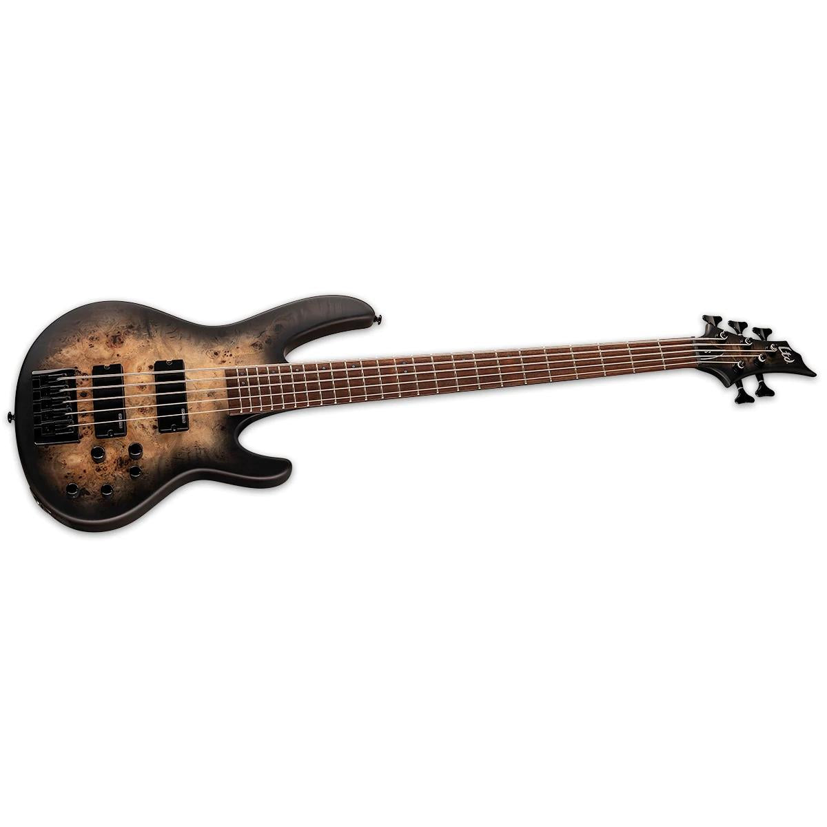 LTD D-5 5-String Bass Guitar Burled Poplar Black Natural Burst Satin