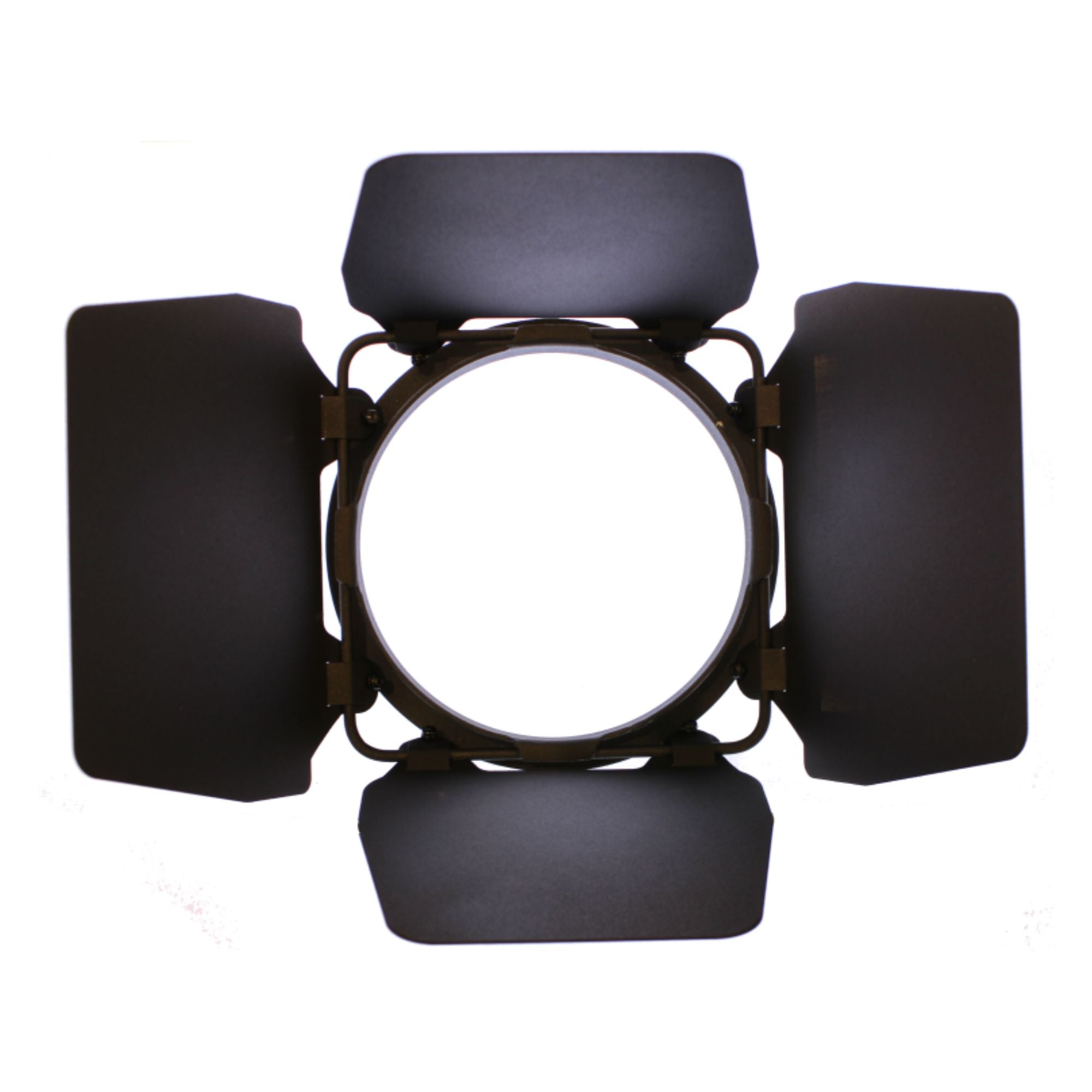 ShowPro LEDBDR070 LED quad barndoor attached to stage lighting fixture for precise light control.