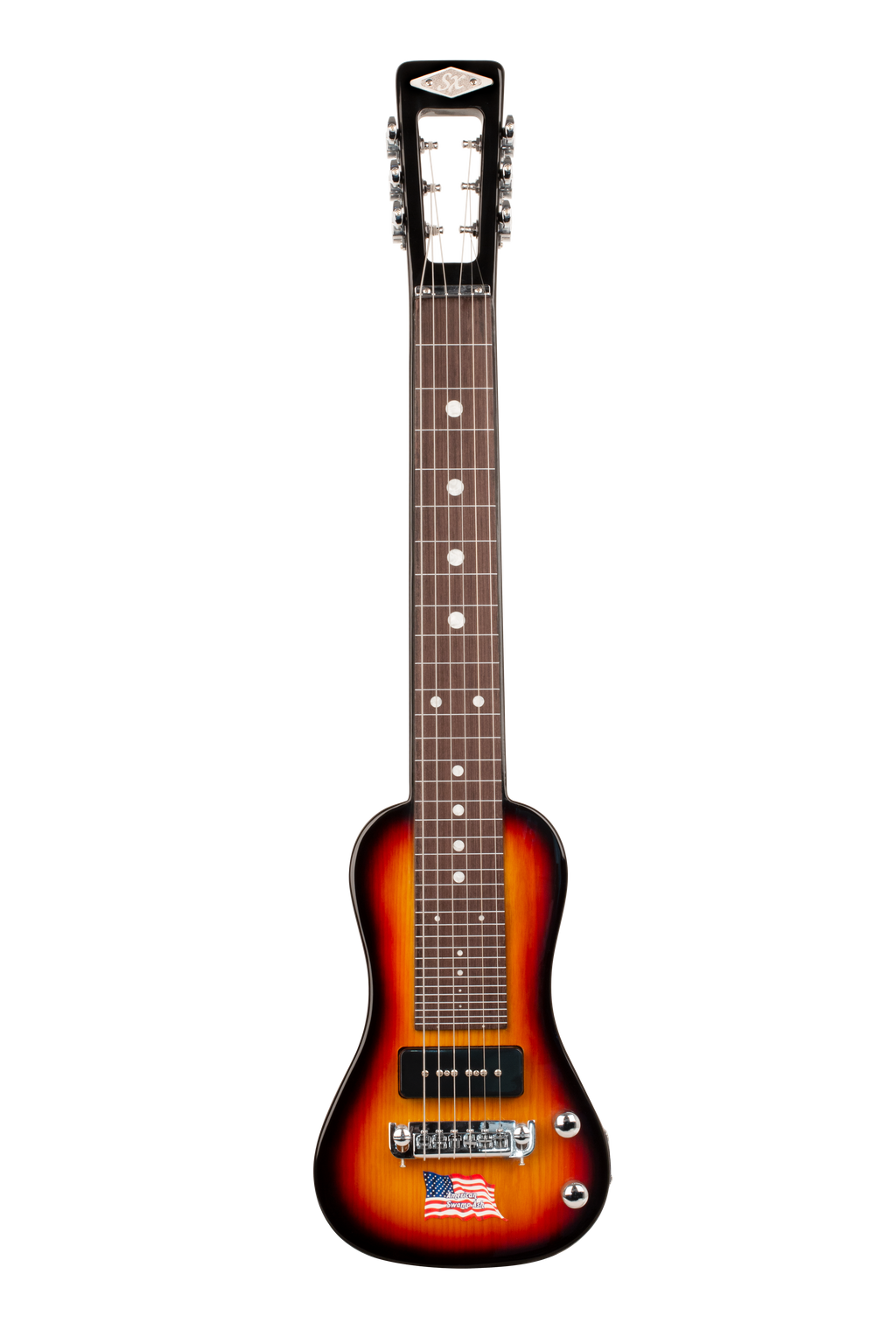 Essex Sx Essex LG22TS Ash Series 6-string lap steel guitar in 3-tone sunburst finish, with wood body and metal strings, on a stand.