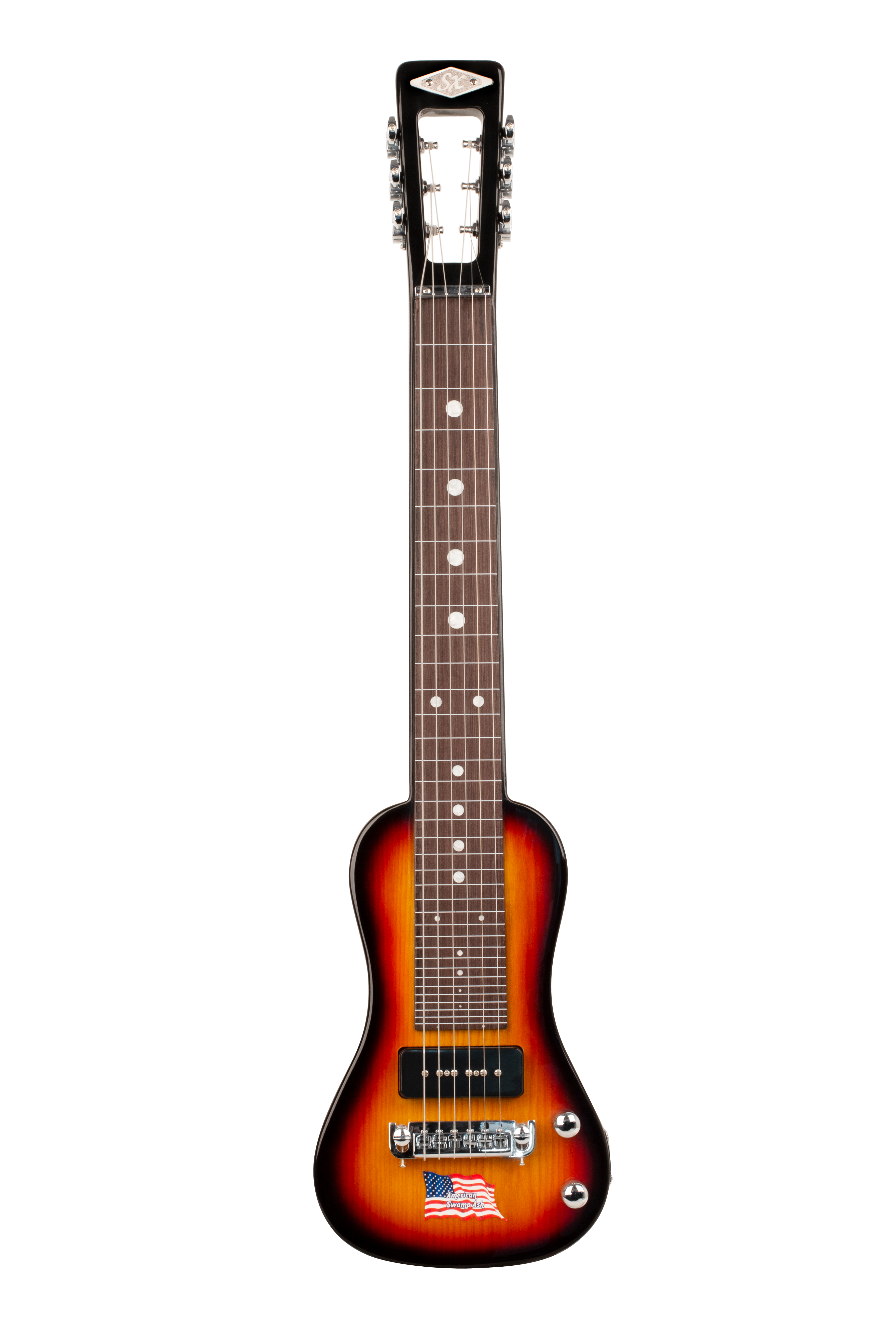 Essex Sx Essex LG22TS Ash Series 6-string lap steel guitar in 3-tone sunburst finish, with wood body and metal strings, on a stand.