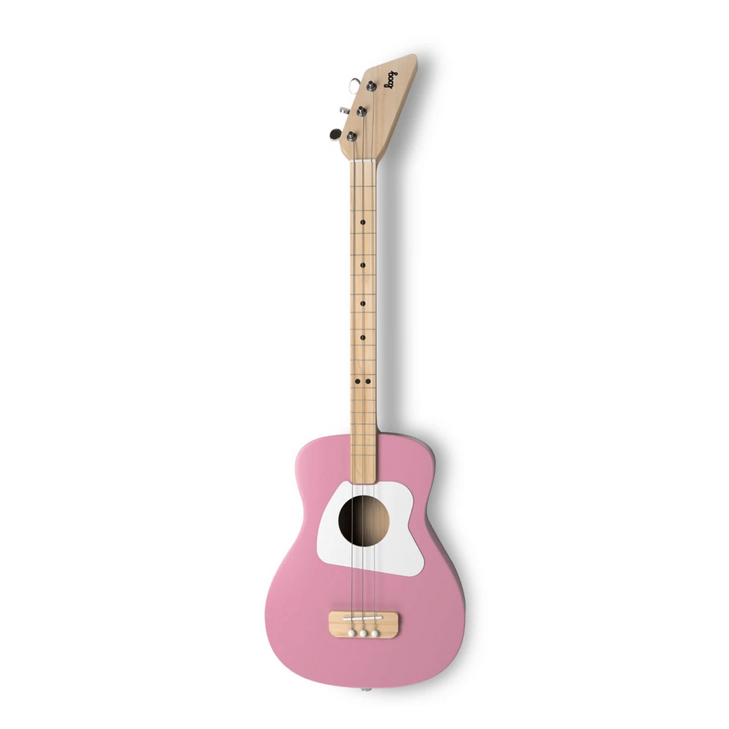 Pink Loog Pro children's acoustic guitar with small body and nylon strings, perfect for beginner musicians.
