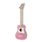Pink Loog Pro children's acoustic guitar with small body and nylon strings, perfect for beginner musicians.
