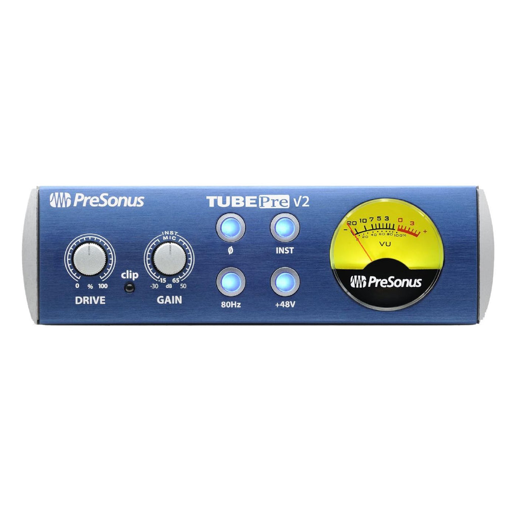 PreSonus TubePre V2 tube preamp with a sleek design and front control knobs, ideal for studio outboard use.