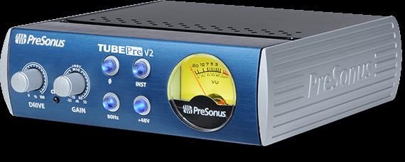 PreSonus TubePre V2 tube preamp in a studio setting with visible controls and connections.