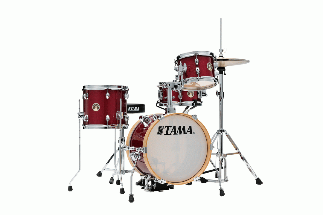 Tama Club-JAM Flyer 4-piece drum kit with hardware, 14/8/10-inch drums and 10-inch snare in Candy Apple Mist finish.