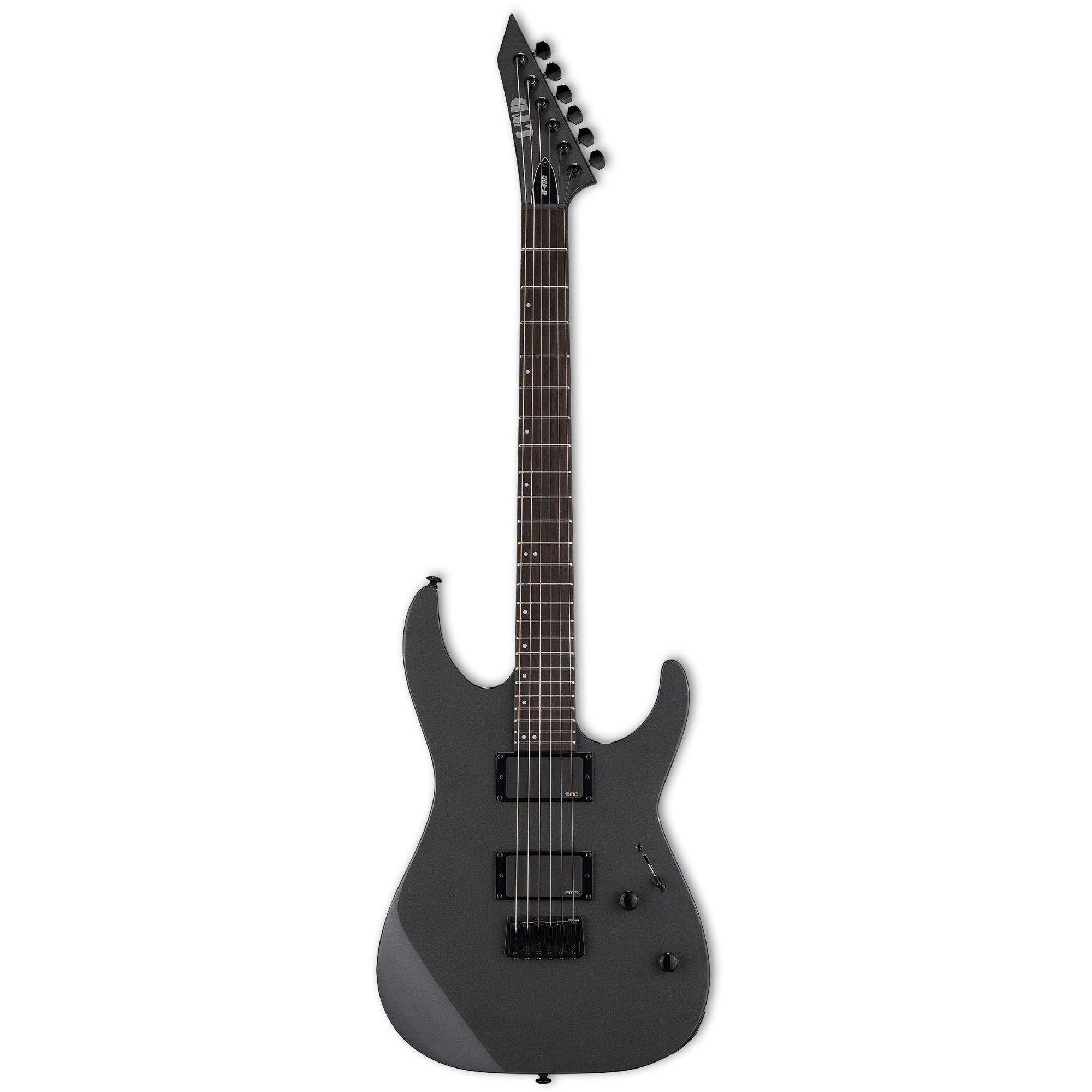 ESP LTD M 400 HT electric guitar in charcoal metallic finish with a sleek body and modern hardware design.