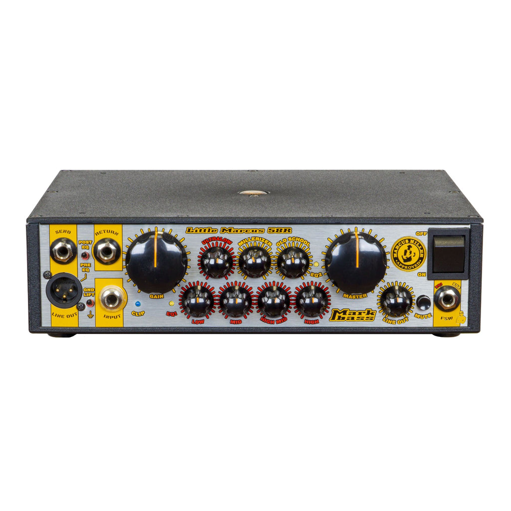MarkBass Little Marcus 58R bass amplifier head with 500W power, featuring controls and input/output jacks on a black and silver unit.