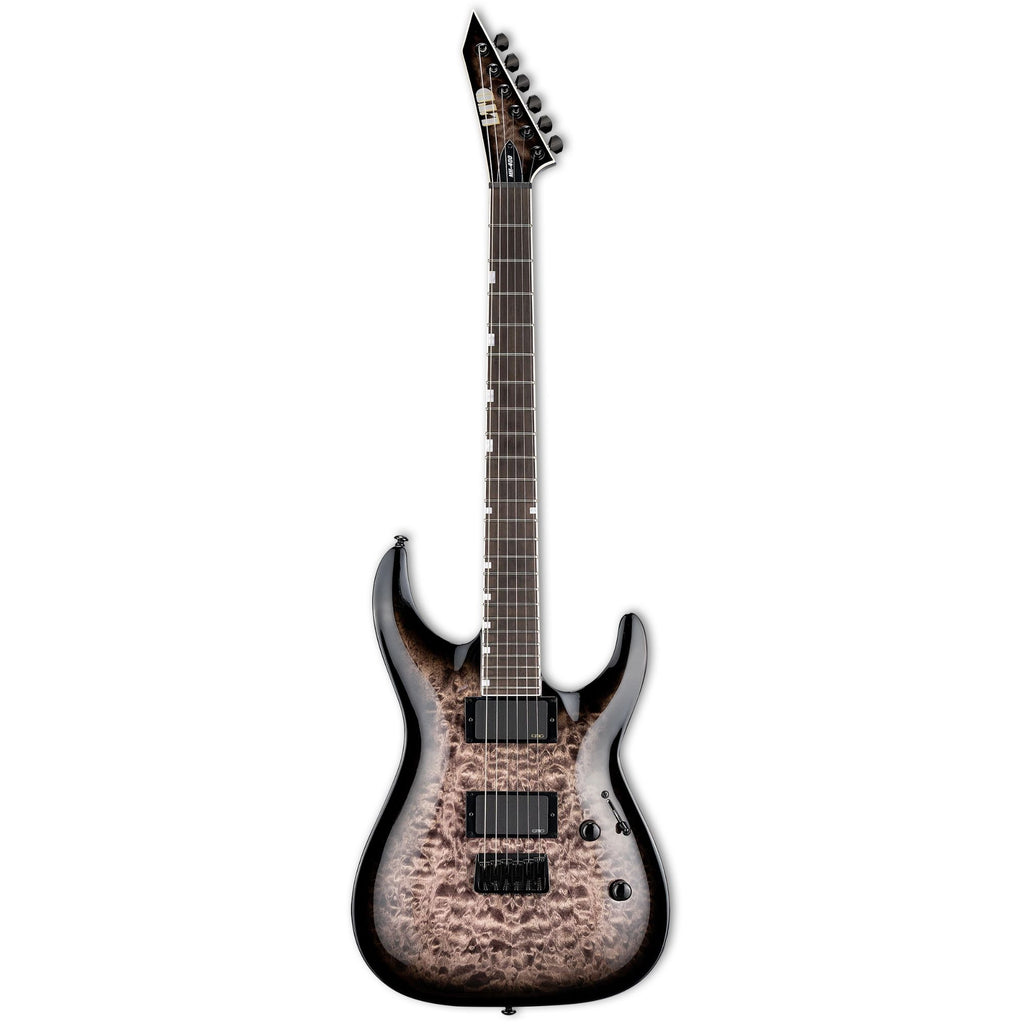 ESP LTD MH 400 HT Quilted Maple electric guitar in See Thru Black Sunburst finish, showcasing its body and hardware details.