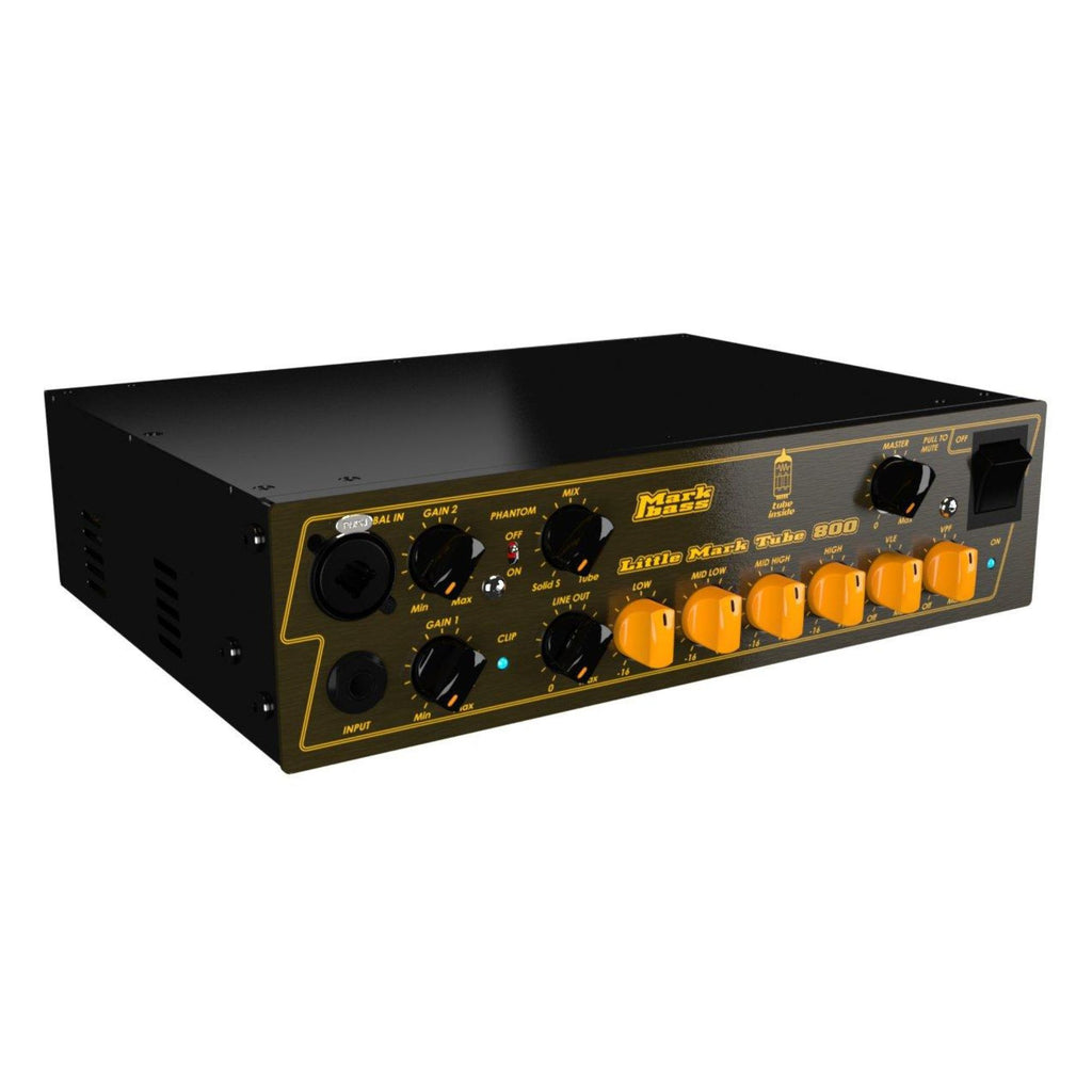 MarkBass Little Mark Tube bass amplifier head with 800W power, compact design, featuring control knobs and input/output connections.