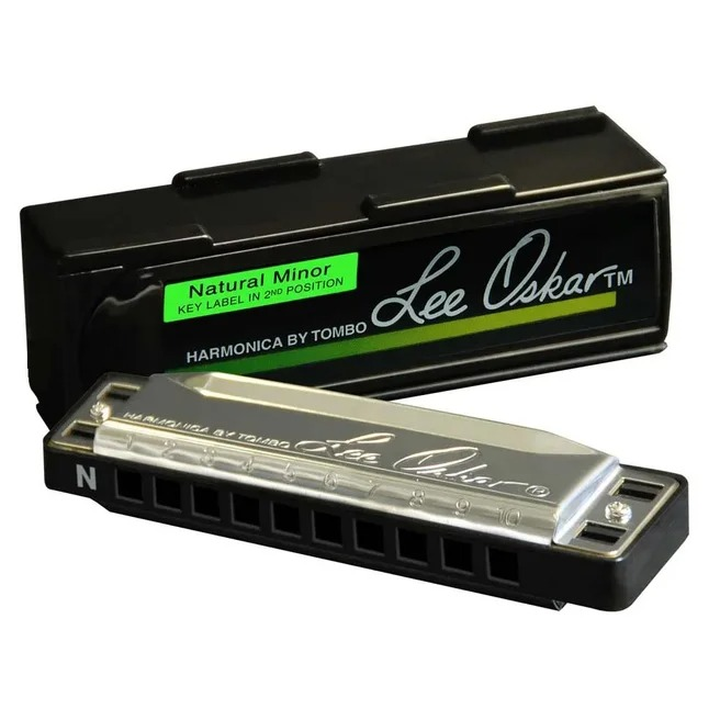 Lee Oskar harmonica in key A flat natural minor, showcasing the instrument's sleek design and vibrant color.