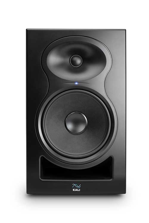 Kali Audio LP-8-II 8-inch 2-way powered studio monitor showing front view with speaker grille and control panel.
