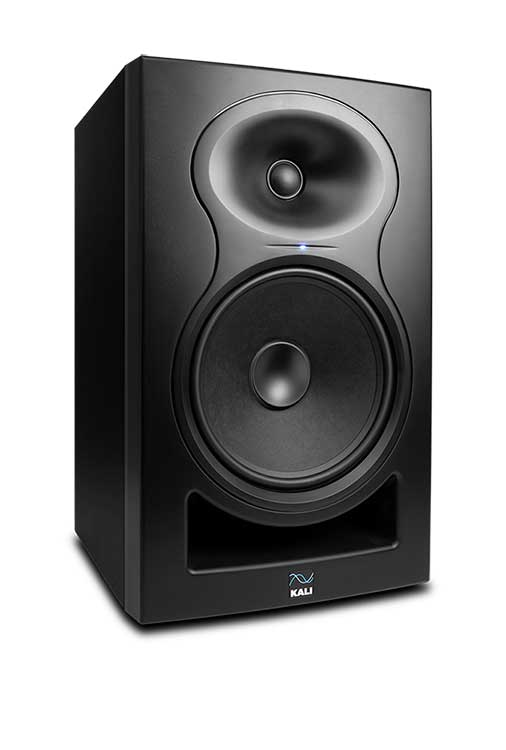 Kali Audio LP-8-II 8-inch 2-way powered studio monitor showing front view with speaker grille and control panel.