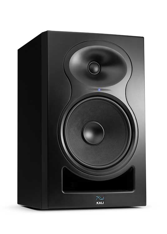 Kali Audio LP-8-II 8-inch 2-way powered studio monitor showing front view with black enclosure and control panel.