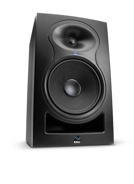 Kali Audio LP-8-II 8-inch 2-way powered studio monitor showing front view with speaker grille and control panel.