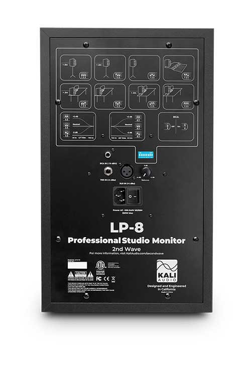 Kali Audio LP-8-II 8-inch 2-way powered studio monitor showing front view with speaker grille and control panel.