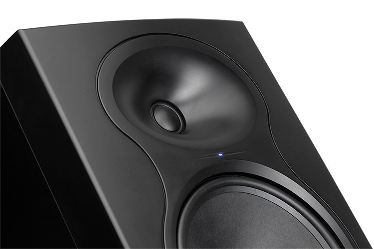 Kali Audio LP-8-II 8-inch 2-way powered studio monitor showing the front view with control knobs and speaker grille.