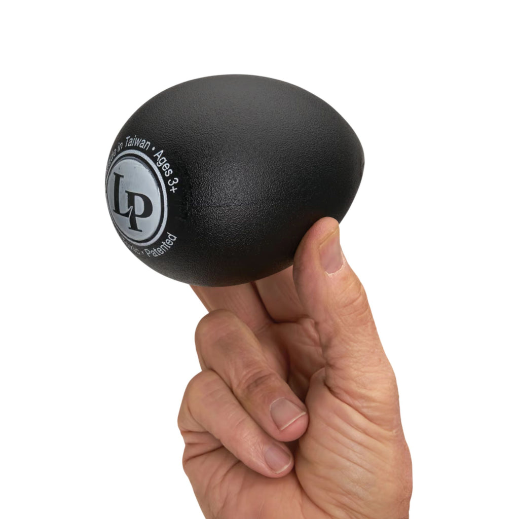 Black LP large egg shaker for hand percussion, showing its textured surface and compact size for rhythm and musical accents.