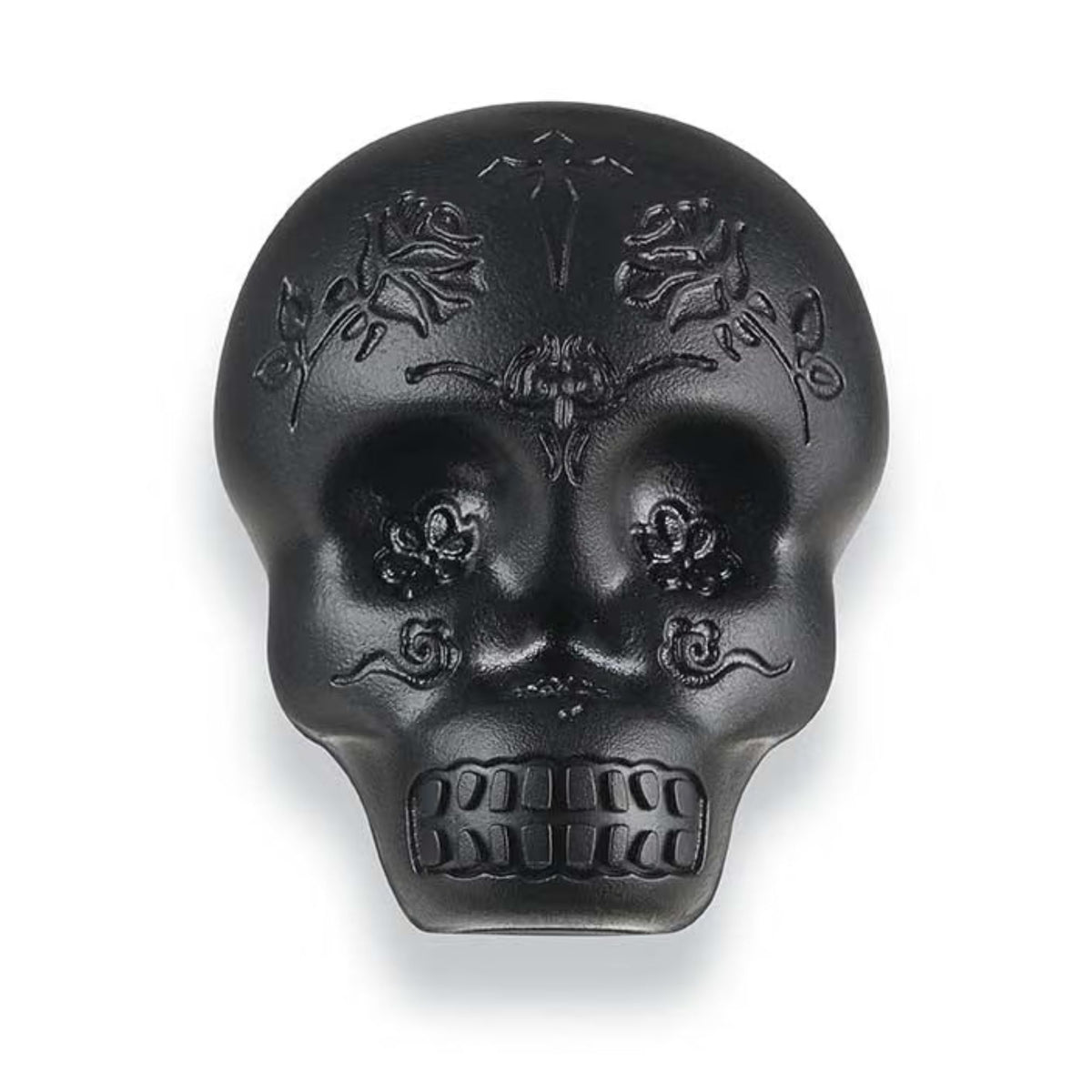 Black LP Sugar Skull shaker, a hand percussion instrument with a detailed sugar skull design, used for musical rhythm and accessories.