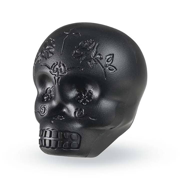 Black LP Sugar Skull shaker, a hand percussion instrument with a detailed sugar skull design for musical rhythms.