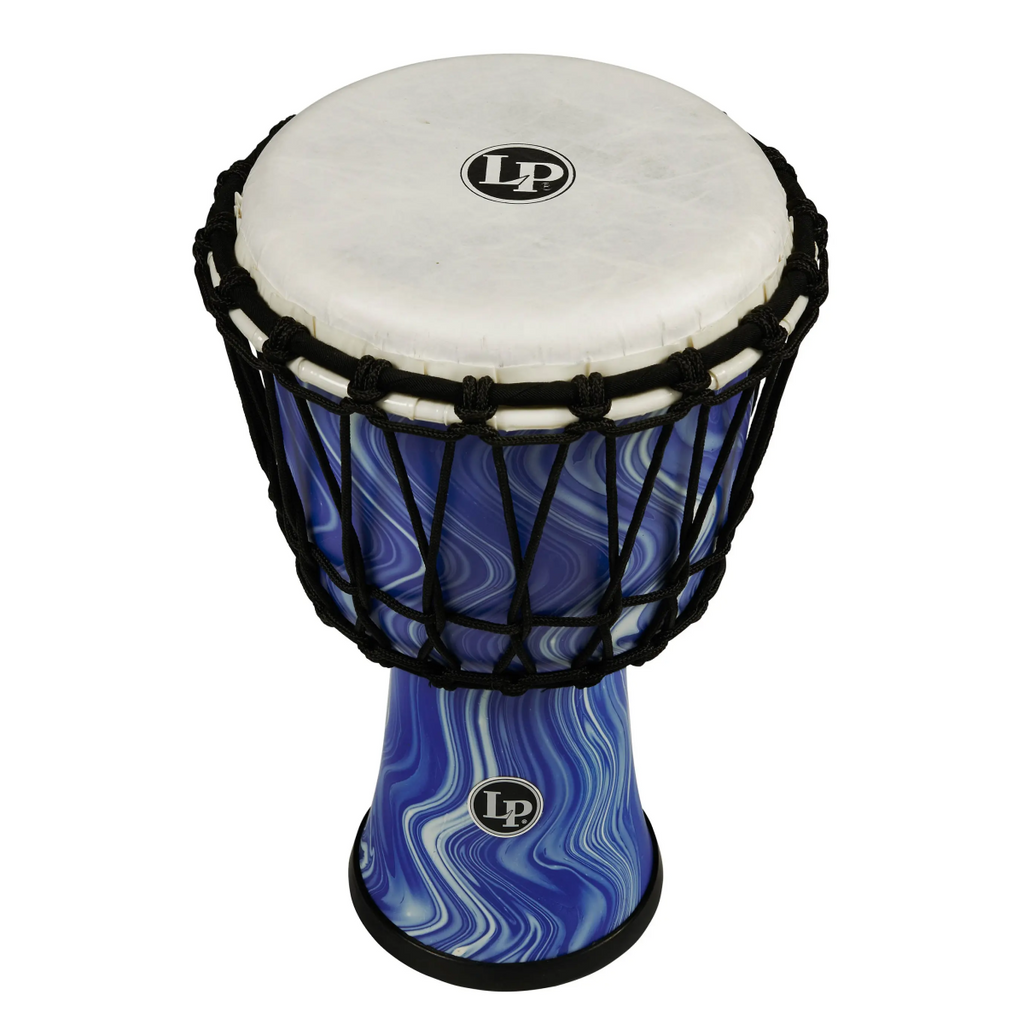 LP LP1607 7-inch blue marble rope-tuned circle djembe with a perfect-pitch head, detailed close-up of drum's textured surface.