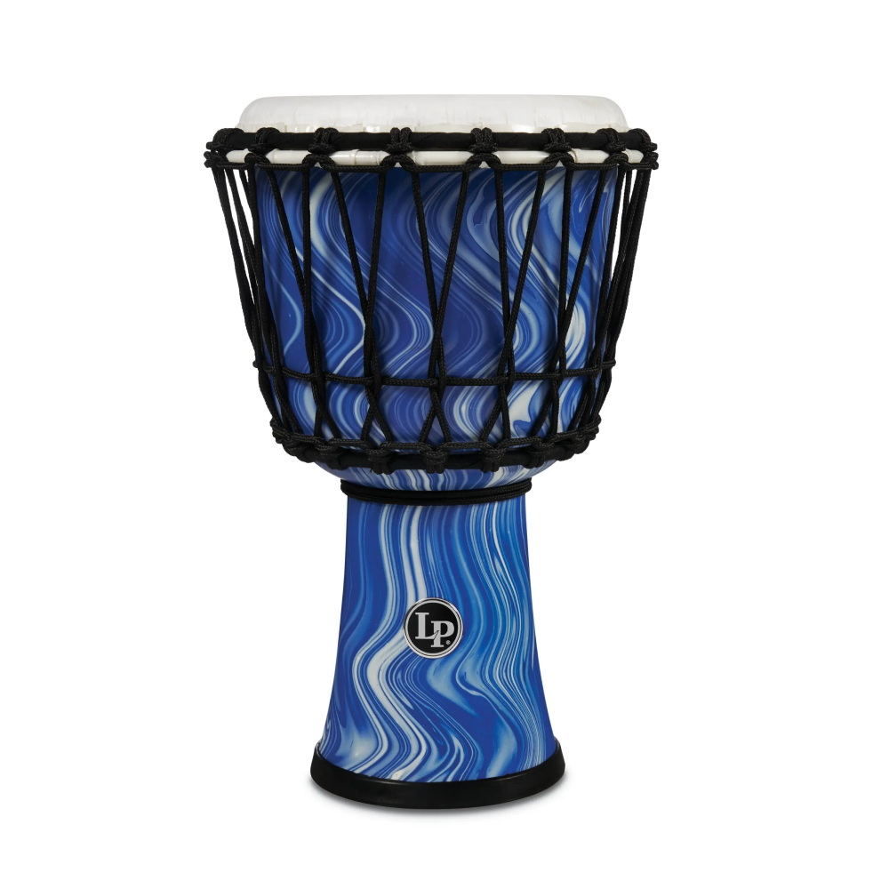 LP LP1607 7-inch rope-tuned circle djembe with blue marble finish and perfect-pitch drum head, ideal for percussion enthusiasts