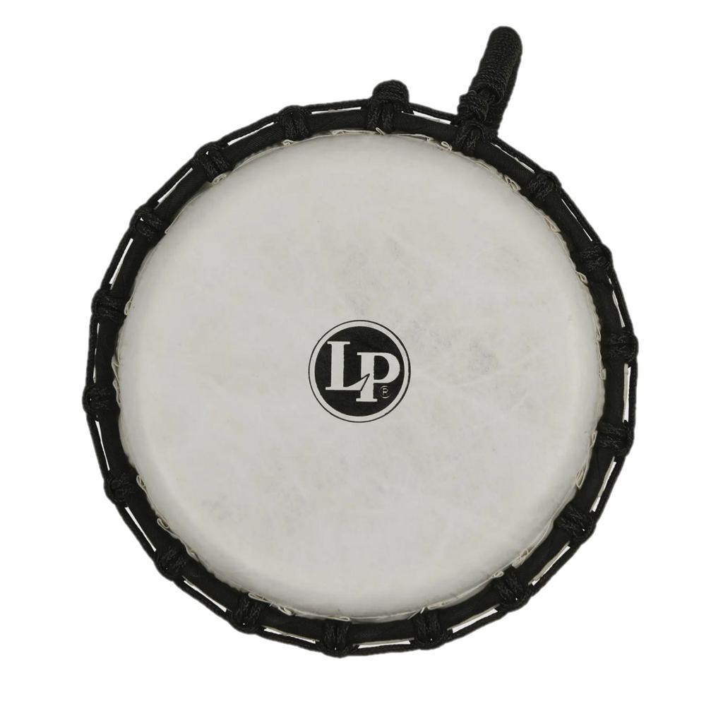 LP LP1607 7-inch blue marble rope-tuned circle djembe with perfect-pitch head, showcasing the drum's vibrant design and craftsmanship.