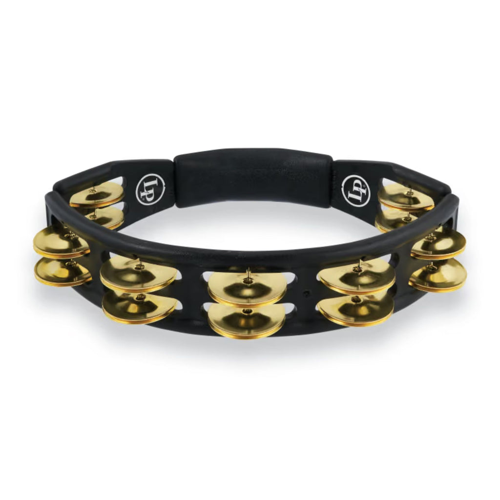 LP LP170 Cyclops brass tambourine with black accents, hand percussion instrument featuring metal jingles and a sturdy handle.