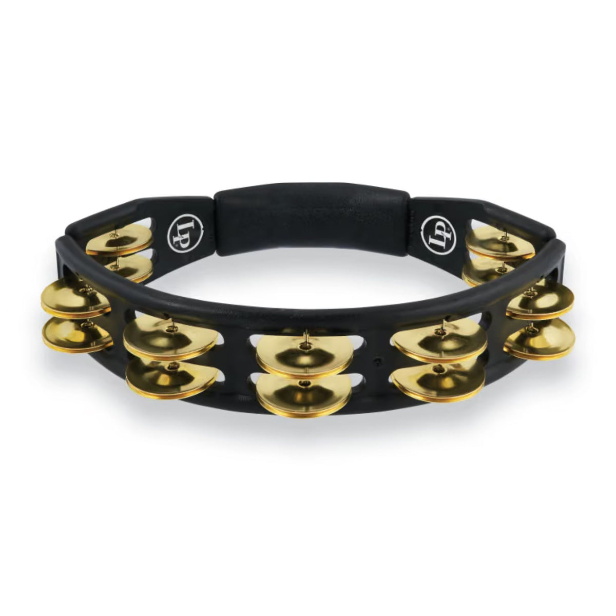 LP LP170 Cyclops brass tambourine with black accents, hand percussion instrument featuring metal jingles and a sturdy handle.