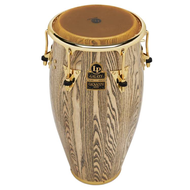 LP Giovanni Galaxy 12.5-inch conga drum with gold hardware, showing its wood finish and detailed hardware accents.