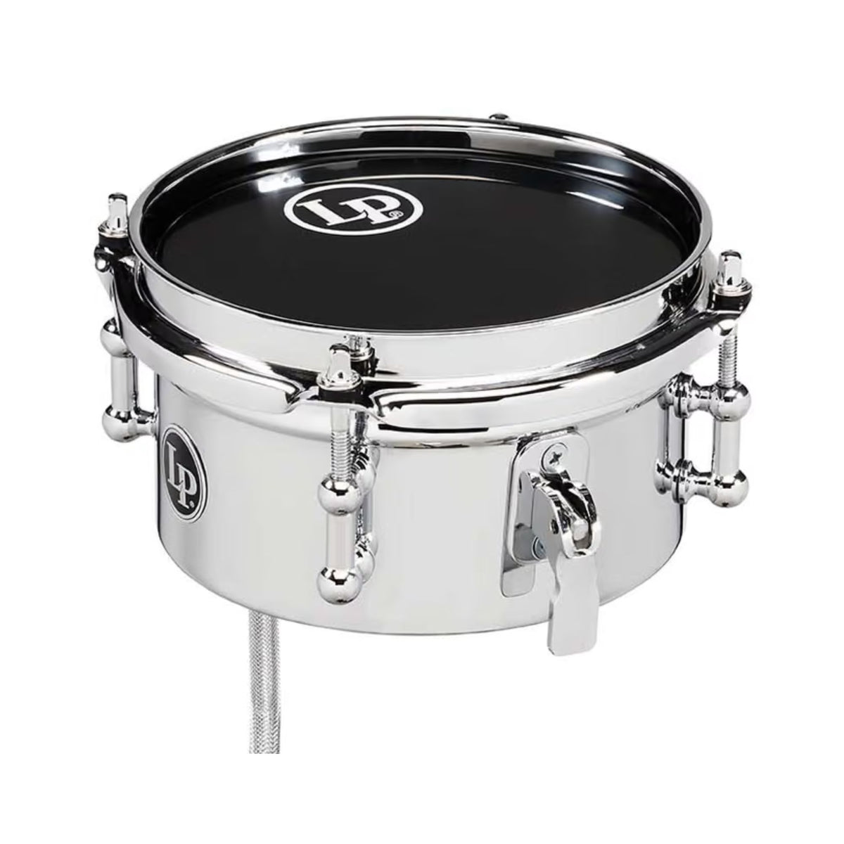 Latin Percussion LP 6-inch Micro Snare drum with metal shell and tuning lugs, close-up view of the drum's surface and hardware.