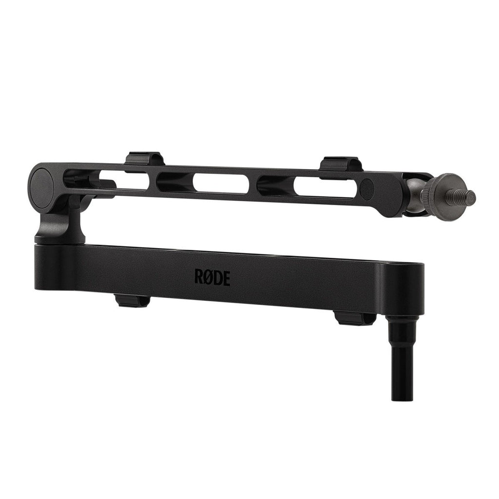 RODE LPA1 low-profile studio microphone arm attached to a microphone, designed for professional audio recording setups.