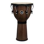 LP LPA Jamjuree Djembe with black hardware, showcasing the drum's textured wood surface and sturdy construction.