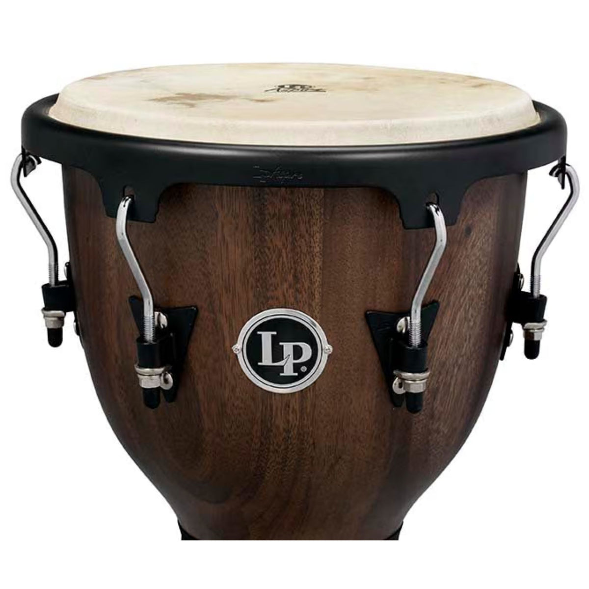 LP LPA Jamjuree Djembe with black hardware, featuring a wooden drum body and traditional percussion design for musical performance.