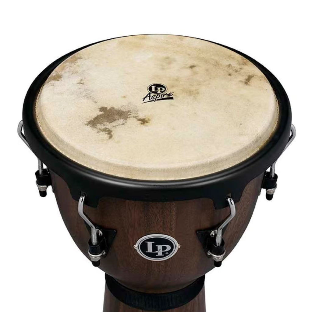 LP LPA Jamjuree Djembe with black hardware, showcasing its wooden body and drumhead, used for traditional percussion performances.
