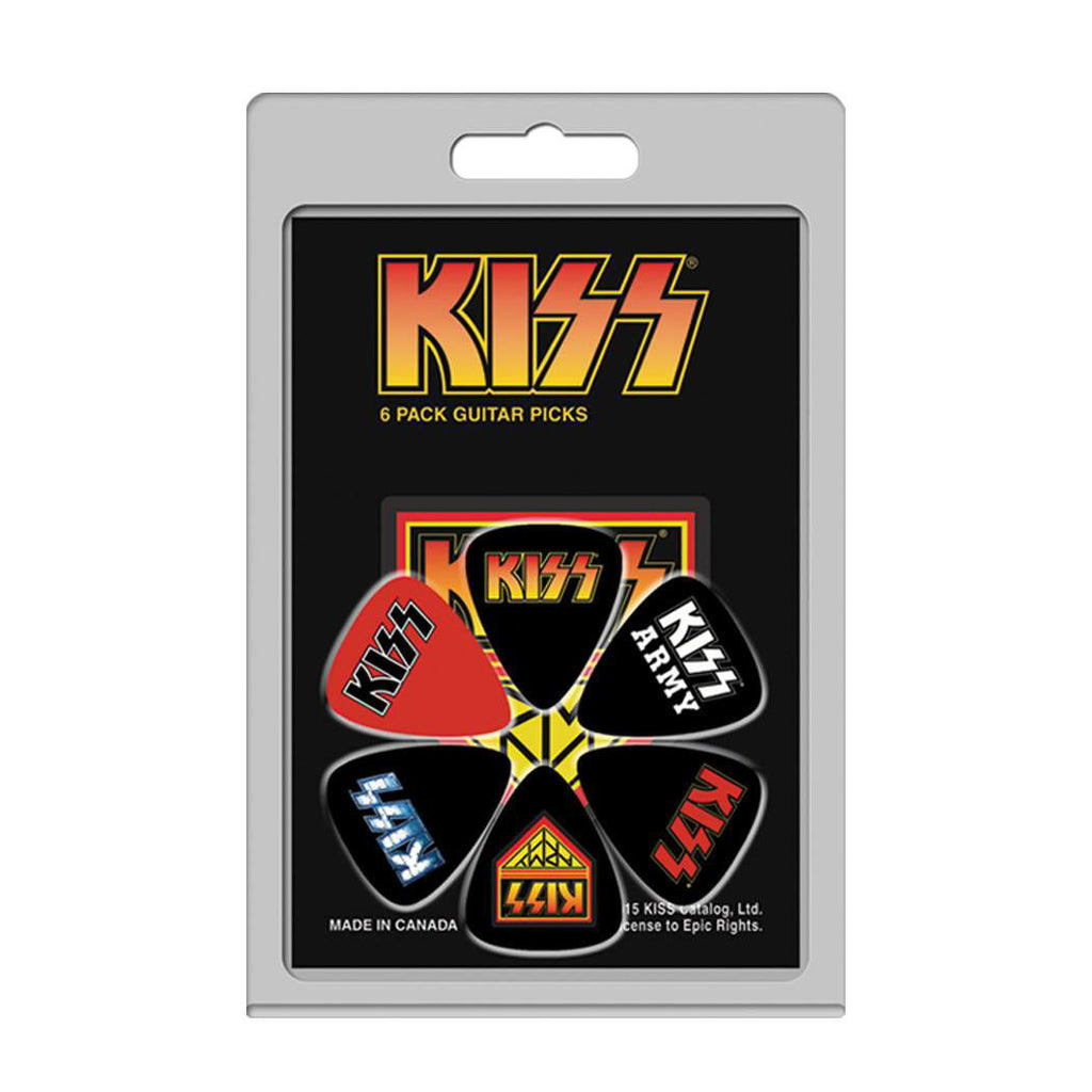 Six Perris KISS licensed guitar picks in a pack, featuring iconic KISS designs and branding for musicians and fans.
