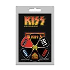 Six Perris KISS licensed guitar picks in a pack, featuring iconic KISS designs and branding for musicians and fans.