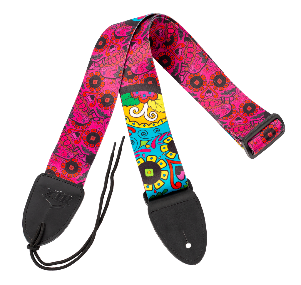XTR LS129 2 inch Seatbelt Style Mexi Skull Blue Guitar Strap