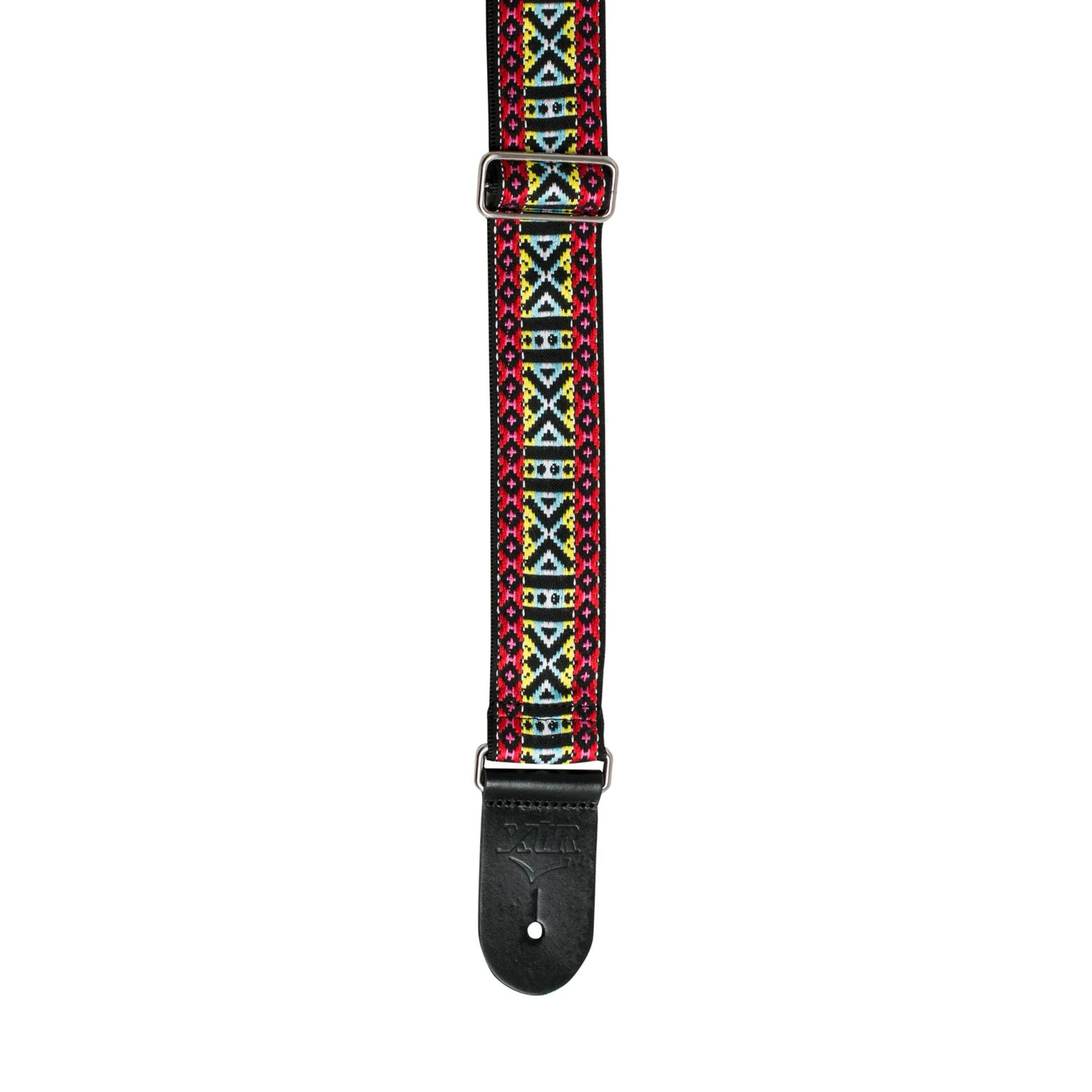 XTR deluxe woven jacquard guitar strap in red, yellow, and blue with poly cotton material and intricate pattern design.