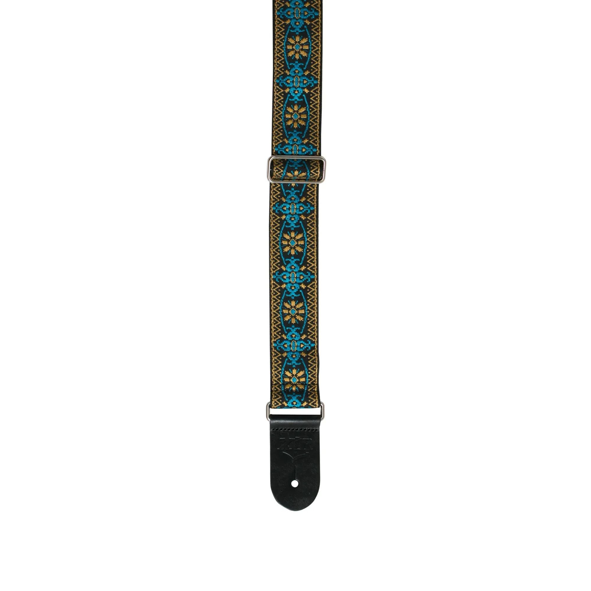 XTR Deluxe woven jacquard guitar strap in gold and blue with poly cotton material and adjustable strap design.