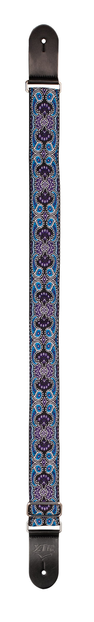 XTR Deluxe 2 woven jacquard poly cotton guitar strap in 60's purple paisley design, featuring intricate woven patterns.