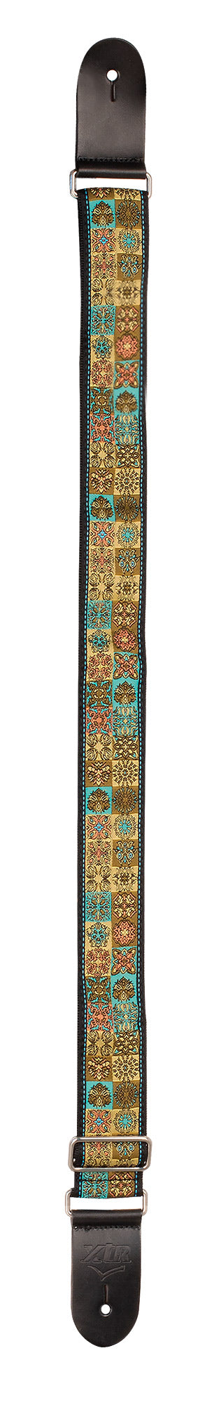 XTR Deluxe woven jacquard guitar strap in vintage gold with poly cotton strap, featuring intricate design and leather ends.