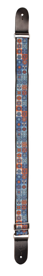 Light blue XTR Deluxe woven jacquard guitar strap with poly cotton material, featuring intricate patterns and adjustable length.