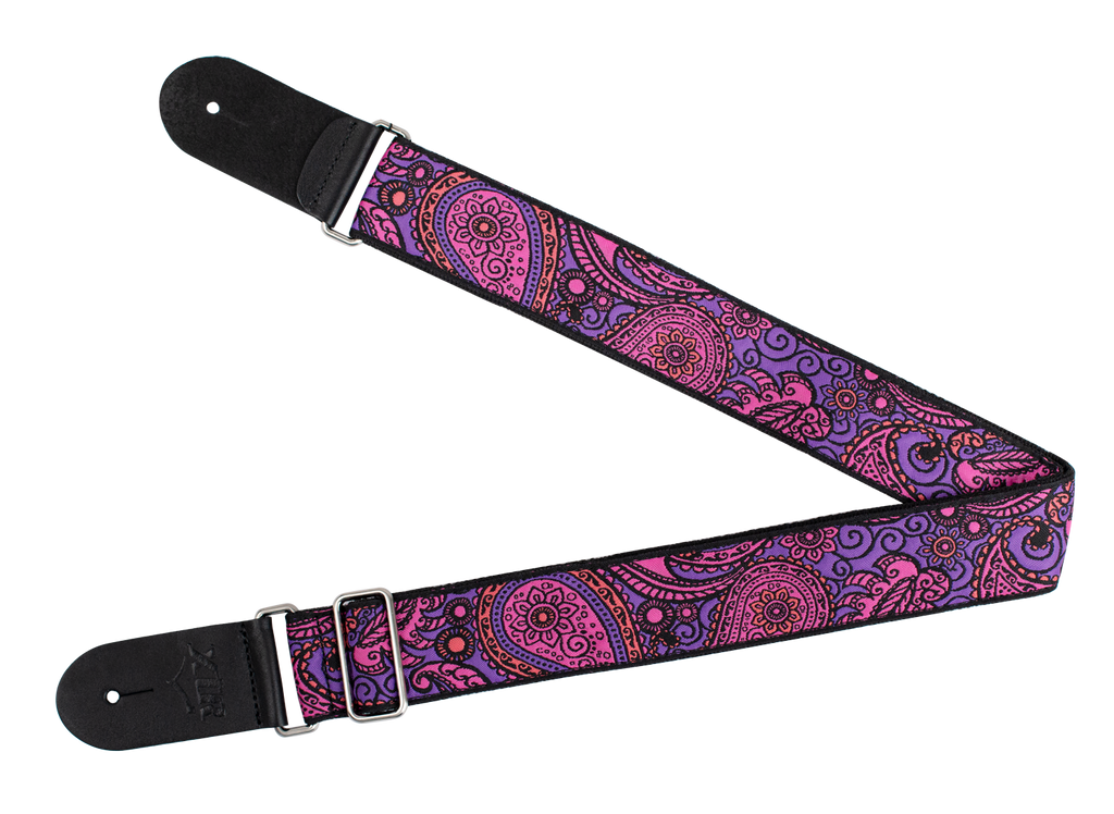 XTR Deluxe woven jacquard guitar strap with paisley purple and pink design, made from poly cotton for comfort and style.