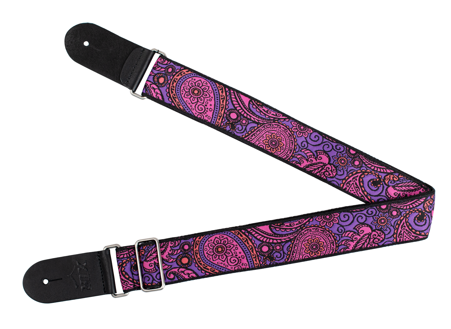 XTR Deluxe woven jacquard guitar strap with paisley purple and pink design, made from poly cotton for comfort and style.